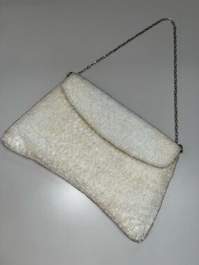 Anna Cecere Iridescent Ivory Beaded Evening Clutch with Chain Strap